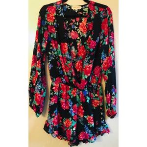 Black and pink floral long sleeve romper